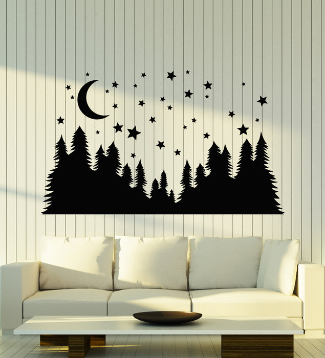 Vinyl Wall Decal Night Crescent Moon Stars Nature Forest Fir Trees Bedroom Stickers Mural (g5105)