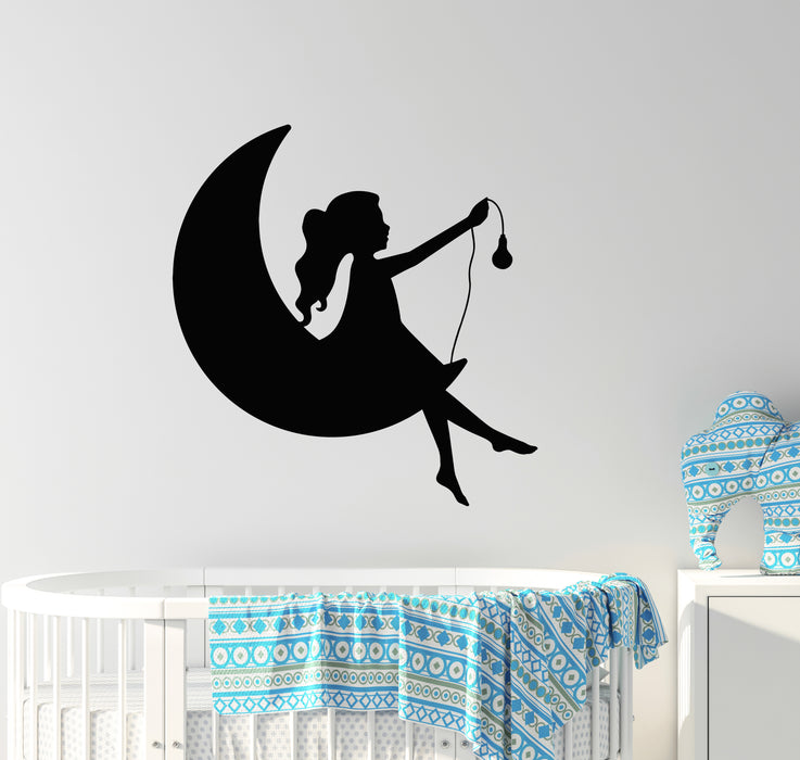 Vinyl Wall Decal Crescent Moon Fairy Girl Sitting Nursery Decor Stickers Mural (g7659)