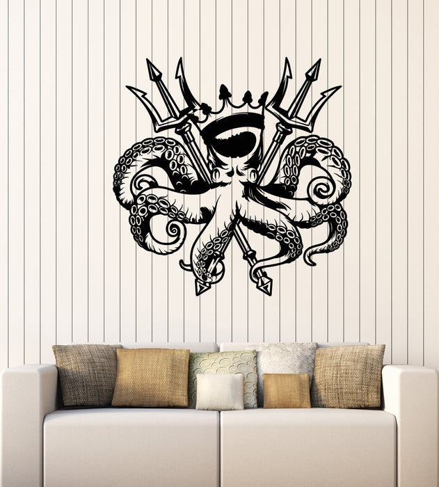 Vinyl Wall Decal Octopus King Ocean Marine Sea Animal Crown Stickers Mural (g3439)