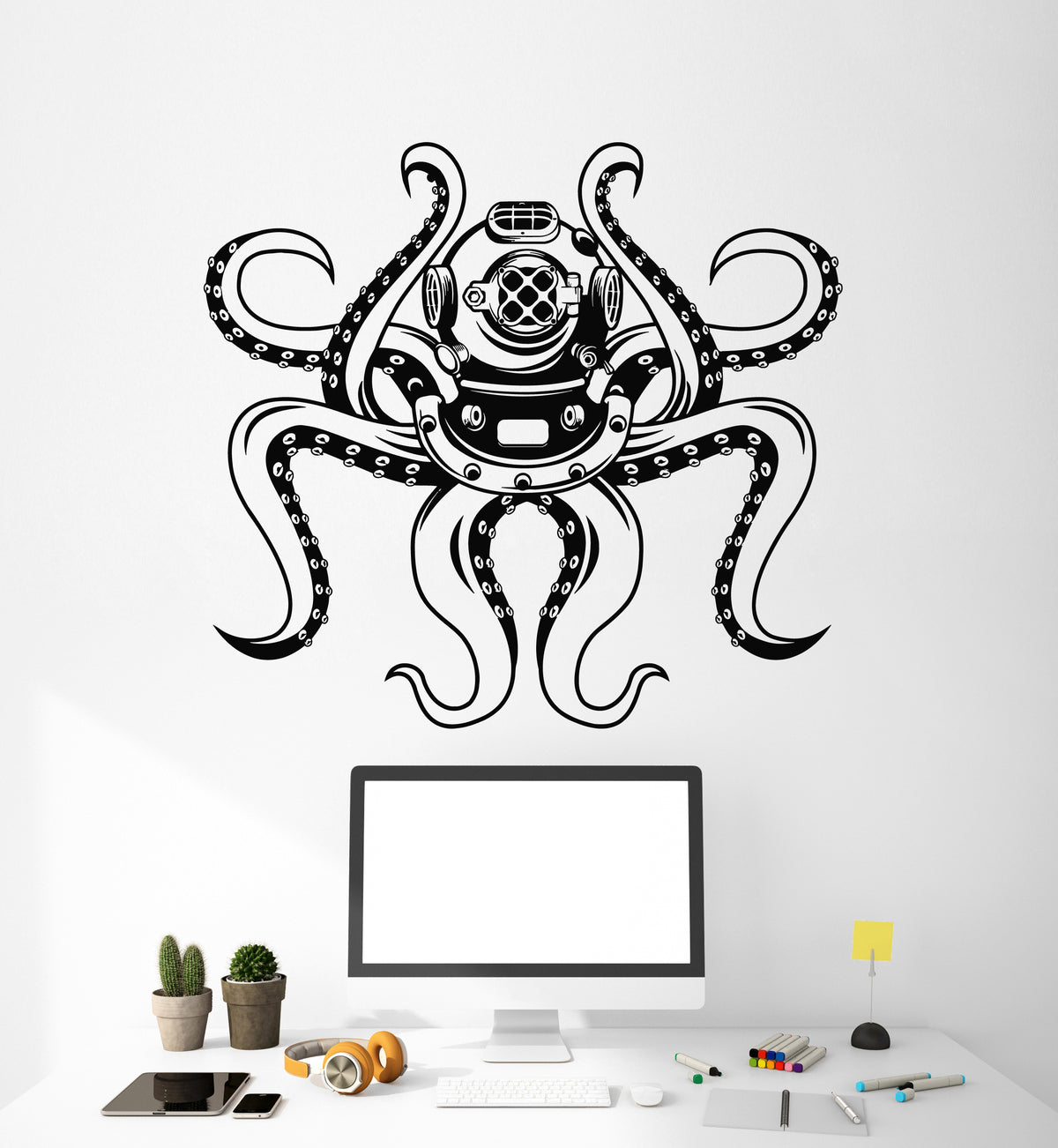 Vinyl Wall Decal Octopus Tentacles Diving Helmet Frogman Diver Sticker ...