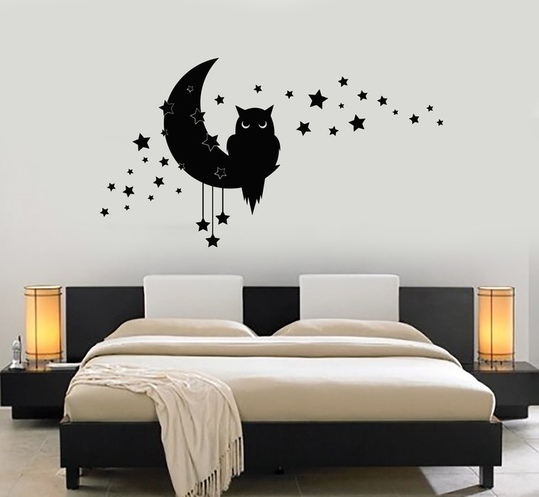 Vinyl Wall Decal Owl Sleep Bedroom NIght Bird Animal Stars Moon Stickers Mural (g7494)