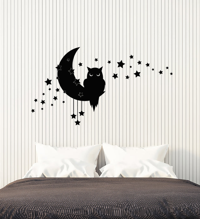 Vinyl Wall Decal Owl Sleep Bedroom NIght Bird Animal Stars Moon Stickers Mural (g7494)