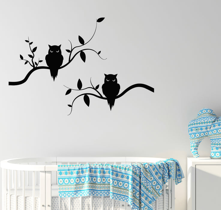 Vinyl Wall Decal Couple Owls On Branch Good Night Kids Bedroom Stickers Mural (g7972)