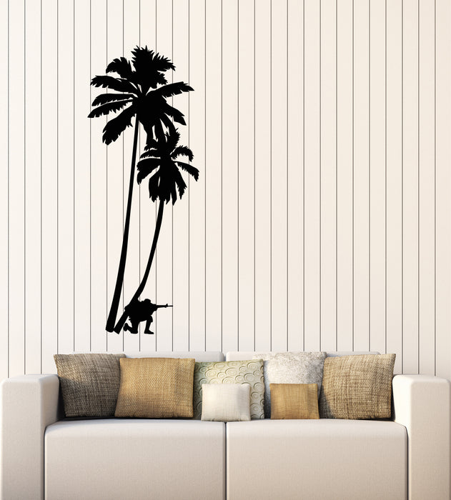 Vinyl Wall Decal Tall Palm Tree Military Soldier With Weapons Stickers Mural (g3374)