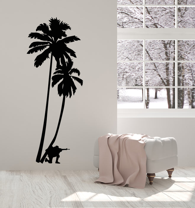Vinyl Wall Decal Tall Palm Tree Military Soldier With Weapons Stickers Mural (g3374)