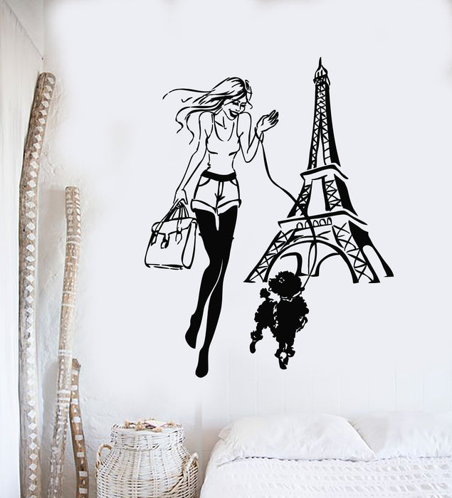Vinyl Wall Decal French Paris Europe Eiffel Tower Girl with Dog Stickers Mural (g1684)