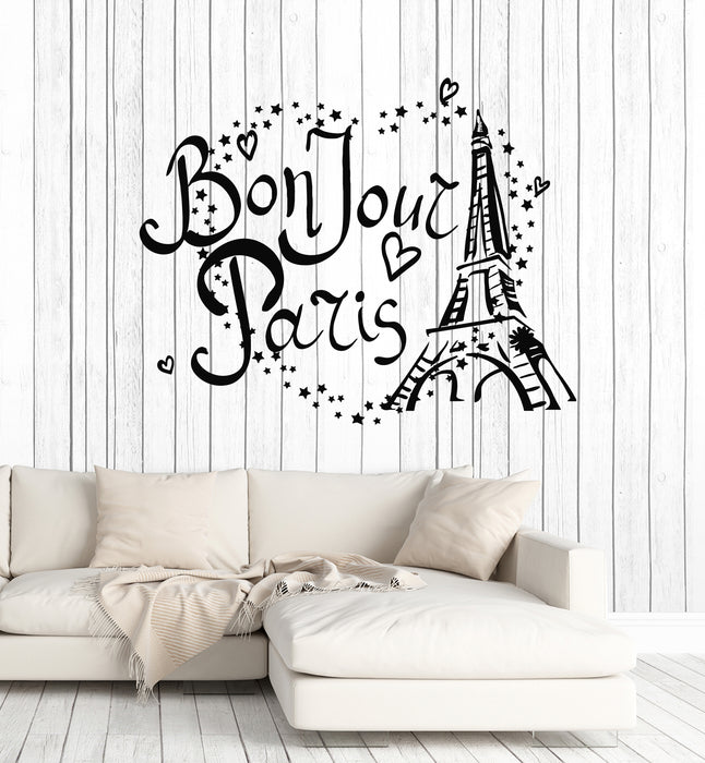 Vinyl Wall Decal Bonjour Paris Eiffel Tower France Love Stars Stickers Mural (g2313)