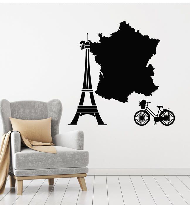 Vinyl Wall Decal French Paris Eiffel Tower France Map Bike Tourism Stickers Mural (g923)
