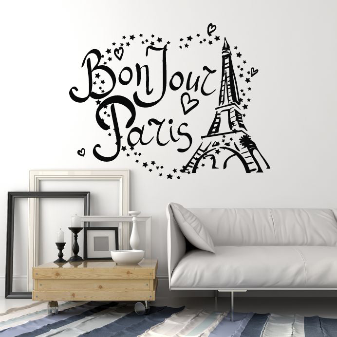 Vinyl Wall Decal Bonjour Paris Eiffel Tower France Love Stars Stickers Mural (g2313)