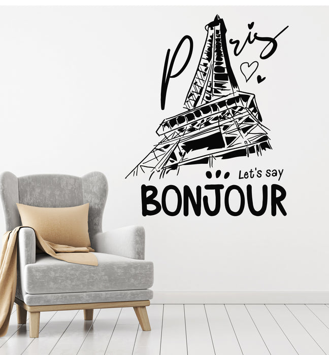 Vinyl Wall Decal Paris France Love Eiffel Tower Bonjour French Stickers Mural (g3005)