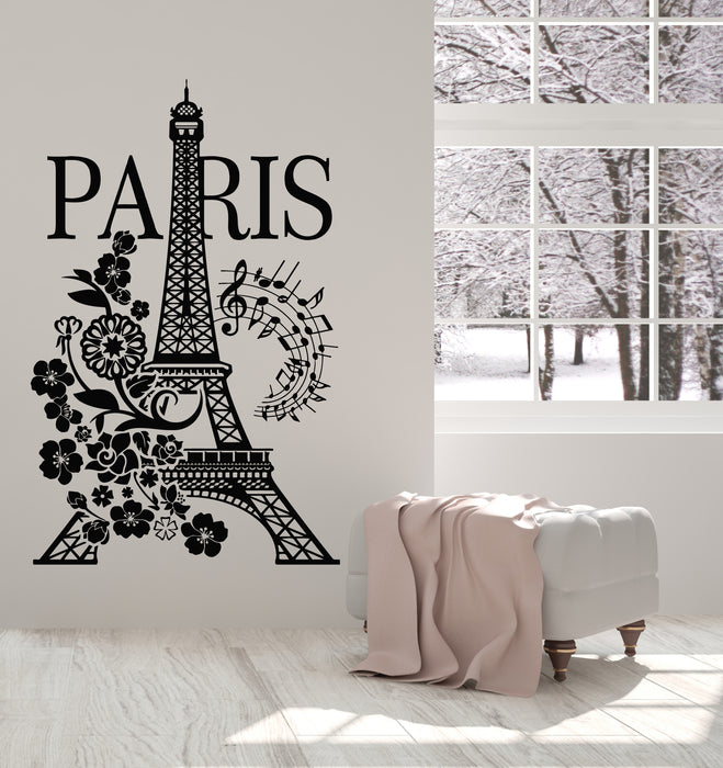 Vinyl Wall Decal Paris Eiffel Tower Romantic Musical Notes Flowers Stickers Mural (g4977)