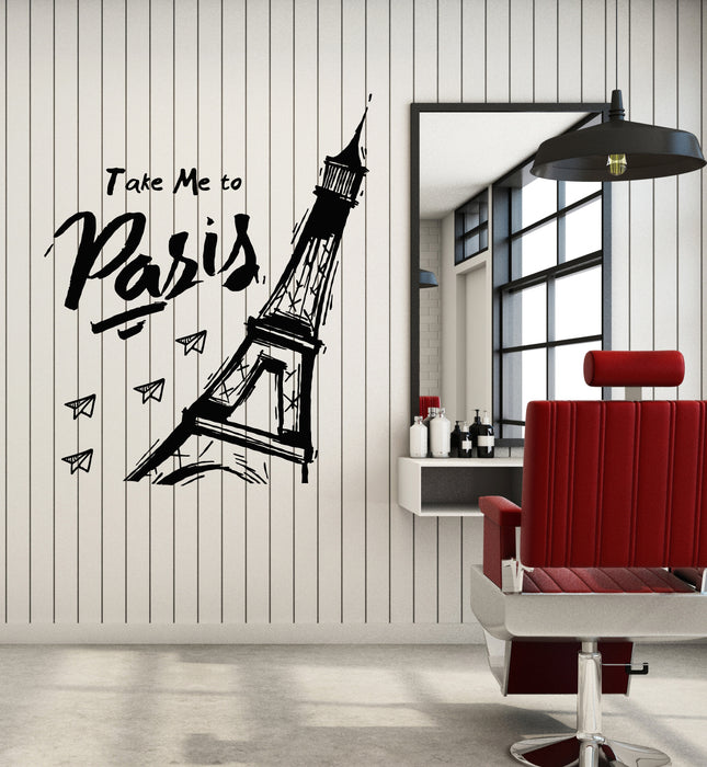 Vinyl Wall Decal Phrase Take Me To Paris Eiffel Tower Romantic Stickers Mural (g6812)