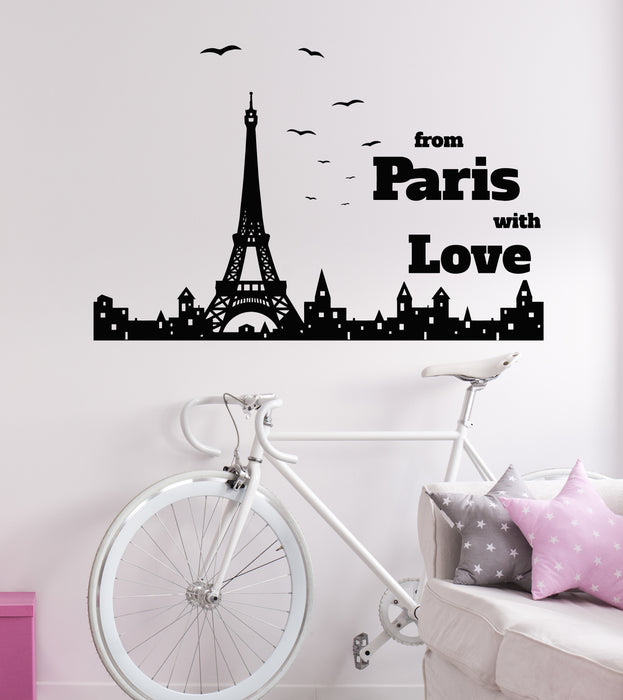 Vinyl Wall Decal Silhouette City From Paris With Love Phrase France Stickers Mural (g7813)