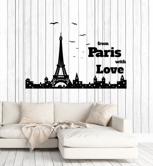 Vinyl Wall Decal Silhouette City From Paris With Love Phrase France Stickers Mural (g7813)