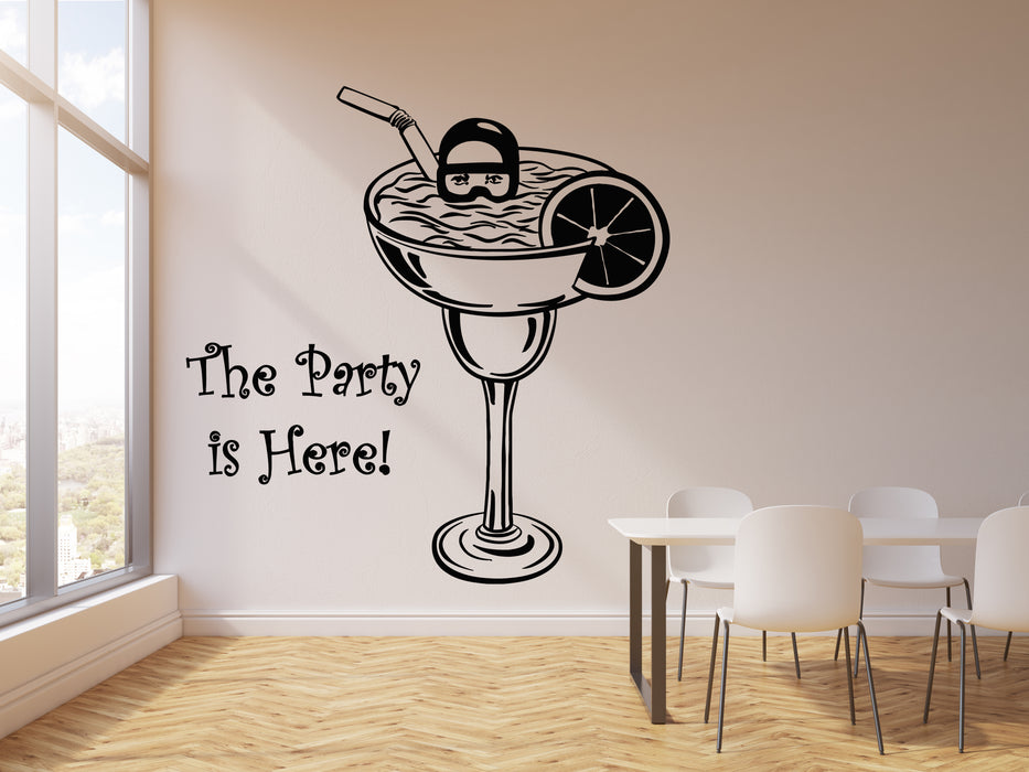 Vinyl Wall Decal Party Is Here Alcohol Drink Bar Cocktail Glass Diver Stickers Mural (g3606)