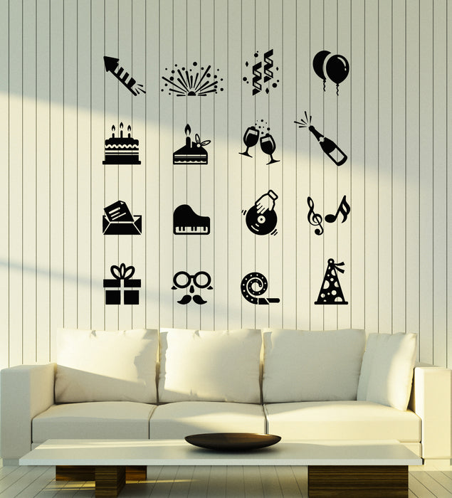 Vinyl Wall Decal Party Icons Set Celebration And Holiday Music Stickers Mural (g7842)