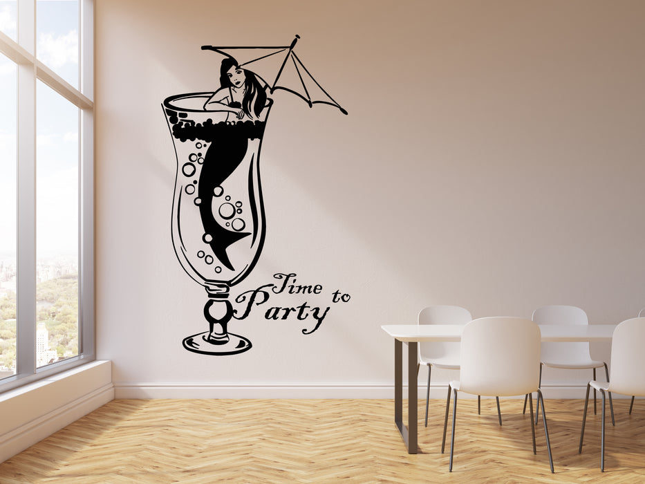 Vinyl Wall Decal Time To Party Cocktail Umbrella Glass Mermaid Stickers Mural (g3607)