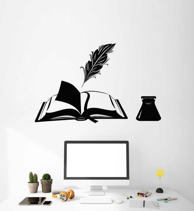 Vinyl Wall Decal Open Book Pen Poetry Prose Bookmark Ink Feather Stickers Mural (g3186)