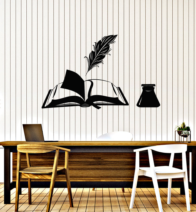 Vinyl Wall Decal Open Book Pen Poetry Prose Bookmark Ink Feather Stickers Mural (g3186)