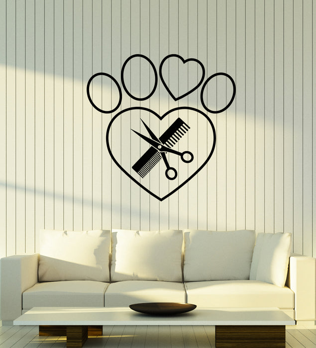 Vinyl Wall Decal Pets Love Grooming Scissors Comb Paw Print Stickers Mural (g3400)