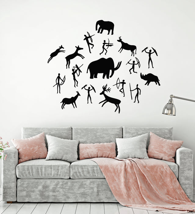 Vinyl Wall Decal Petroglyphic Art Hunters Primitive Weapon Animals Stickers Mural (g4267)