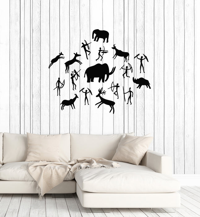 Vinyl Wall Decal Petroglyphic Art Hunters Primitive Weapon Animals Stickers Mural (g4267)