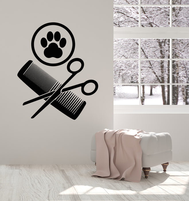 Vinyl Wall Decal Pet Grooming Scissors Comb Paw Groomer Pets Decor Stickers Mural (g2110)