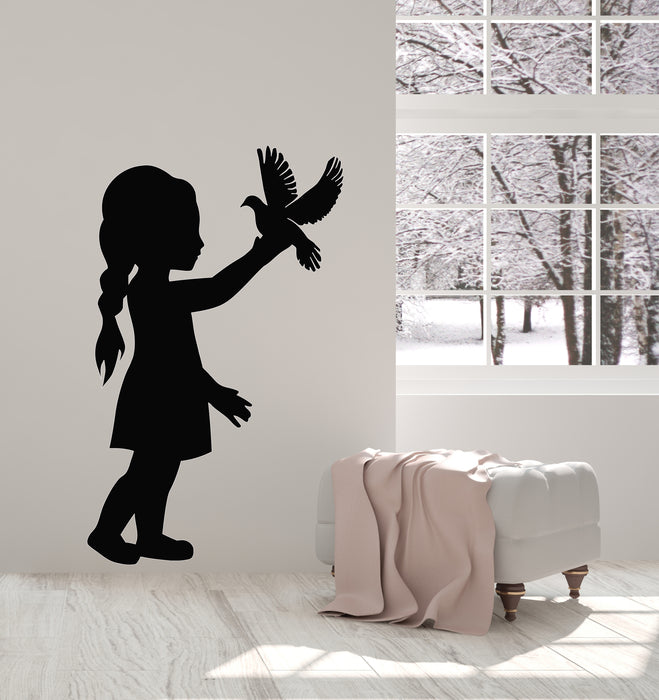 Vinyl Wall Decal Girl With Dove Bird Kids Nursery Room Stickers Mural (g1278)