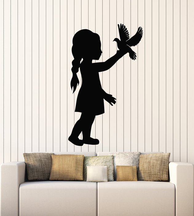 Vinyl Wall Decal Girl With Dove Bird Kids Nursery Room Stickers Mural (g1278)