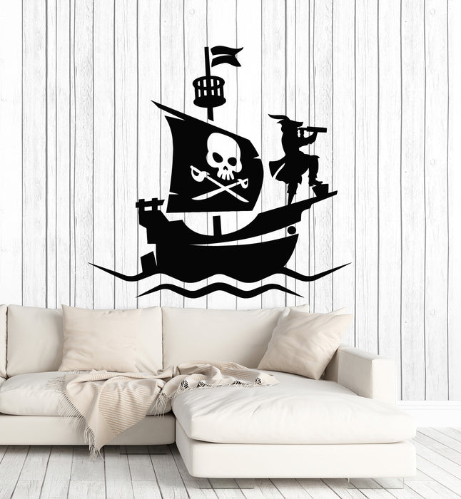 Vinyl Wall Decal Pirate Ship One-Legged Pirate Wheel Boys Room Stickers Mural (g6568)