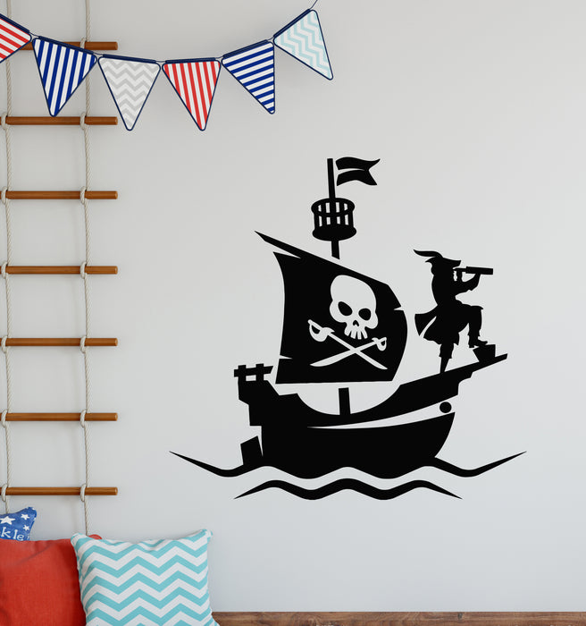 Vinyl Wall Decal Pirate Ship One-Legged Pirate Wheel Boys Room Stickers Mural (g6568)