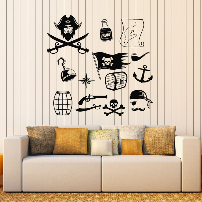 Vinyl Wall Decal Pirate icons Flag Pipe Barrel Map Treasure Stickers Mural (g8168)