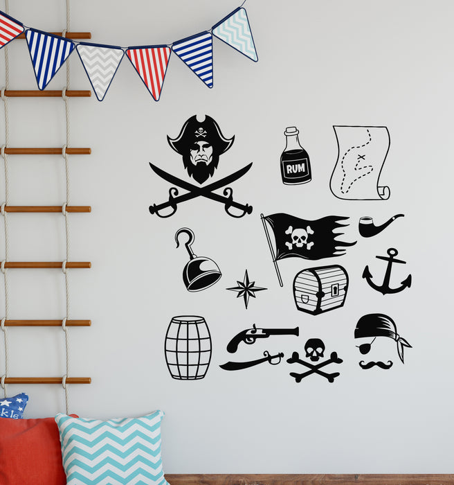 Vinyl Wall Decal Pirate icons Flag Pipe Barrel Map Treasure Stickers Mural (g8168)