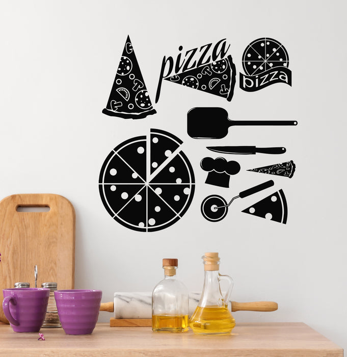 Vinyl Wall Decal Pizza Slice Pizzeria Chef's Hat Menu Cafe Stickers Mural (g7996)