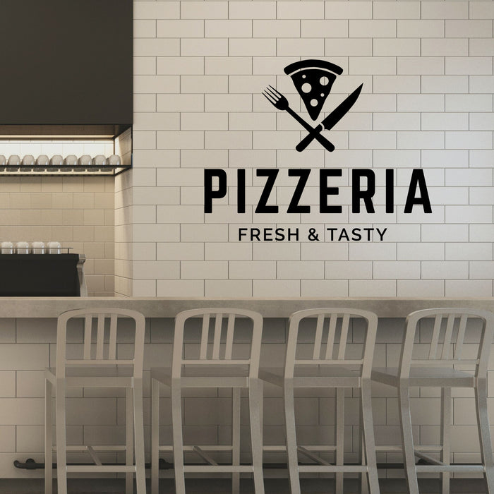 Pizzeria Vinyl Wall Decal Fast Food Lettering Slice of Pizza Knife Fork Stickers Mural (k304)