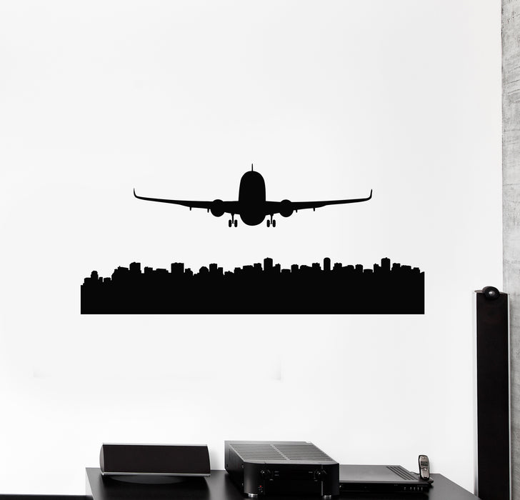 Vinyl Wall Decal Skyscraper Skyline City Country Silhouette Airplane Plane Stickers Mural (g1915)