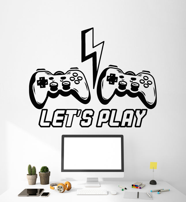Vinyl Wall Decal Let's Play Computer Game Joystick Playroom Stickers Mural (g5436)