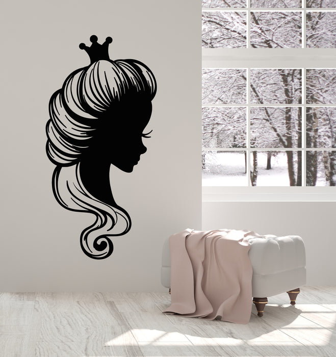 Vinyl Wall Decal Princess Face Profile Hair Salon Crown Stickers Mural (g2558)