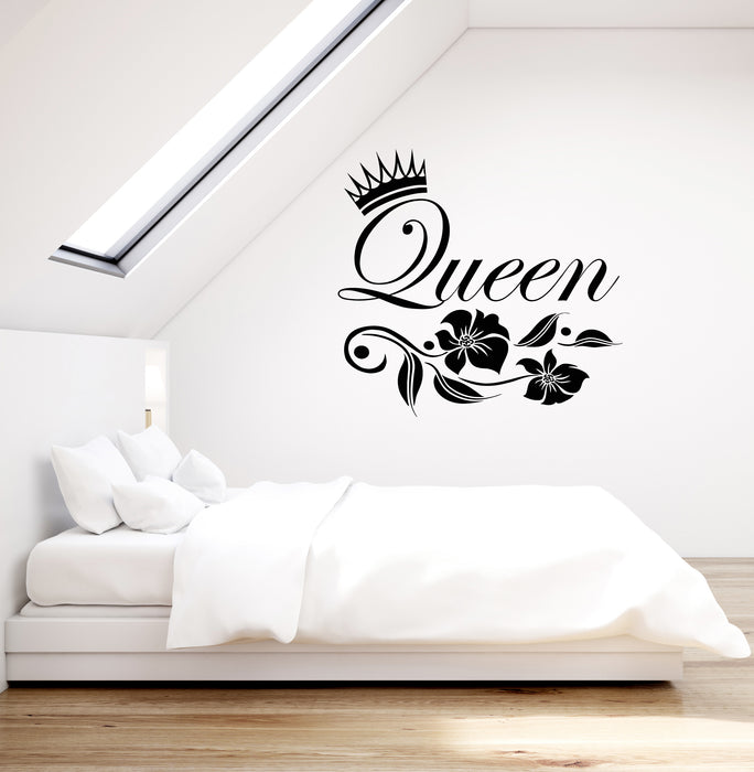 Vinyl Wall Decal Words Queen Crown Bedroom Floral Interior Stickers Mural (g3464)