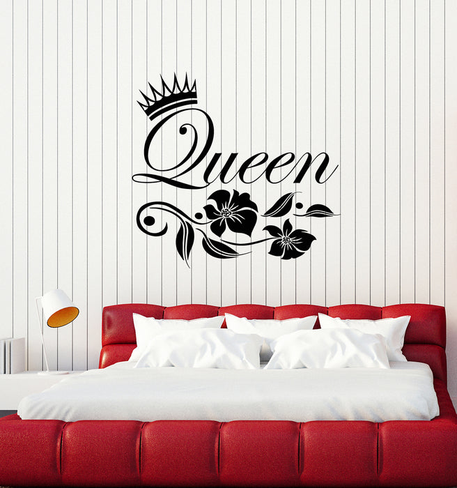 Vinyl Wall Decal Words Queen Crown Bedroom Floral Interior Stickers Mural (g3464)