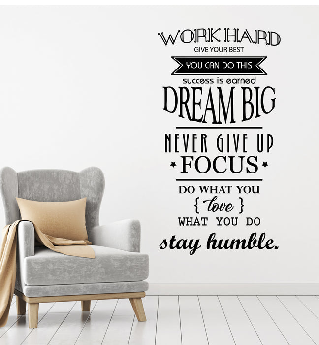 Vinyl Wall Decal Motivation Office Space Work Hard Dream Big Quote Words Decor Stickers Mural (g2706)