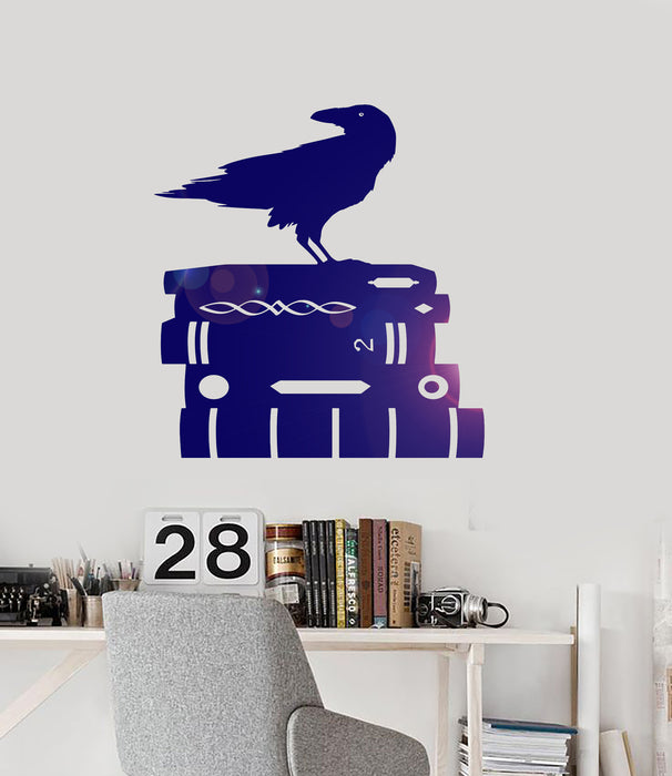 Vinyl Wall Decal Gothic Raven Crow Stack of Books Library Reading Room Corner Stickers Mural (ig6285)