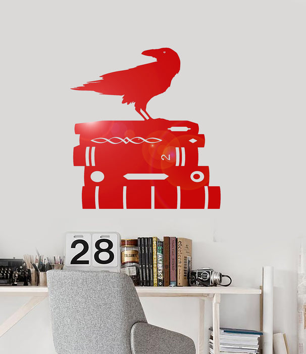Vinyl Wall Decal Gothic Raven Crow Stack of Books Library Reading Room Corner Stickers Mural (ig6285)