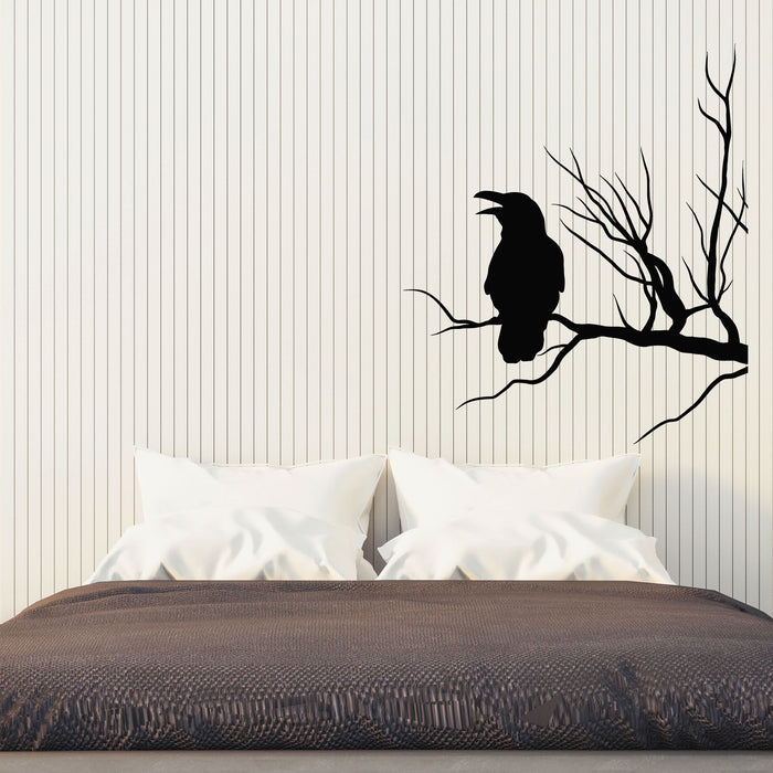 Vinyl Wall Decal Crow Silhouette Black Raven On Tree Branch Stickers Mural (g8042)