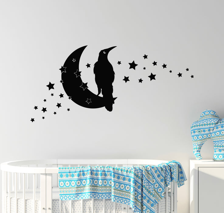 Vinyl Wall Decal Silhouette Crow Raven Moon Crescent Stars Night Stickers Mural (g7404)