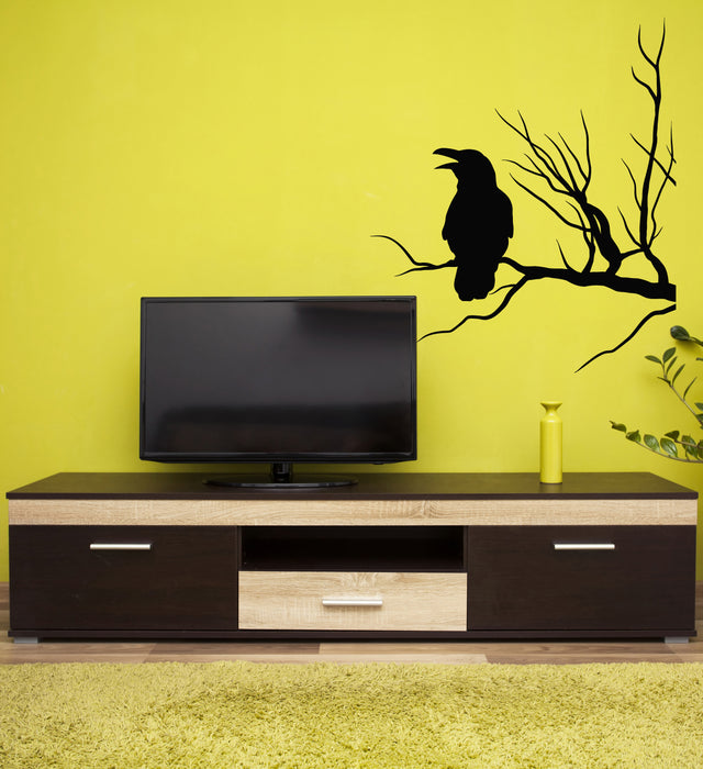 Vinyl Wall Decal Crow Silhouette Black Raven On Tree Branch Stickers Mural (g8042)