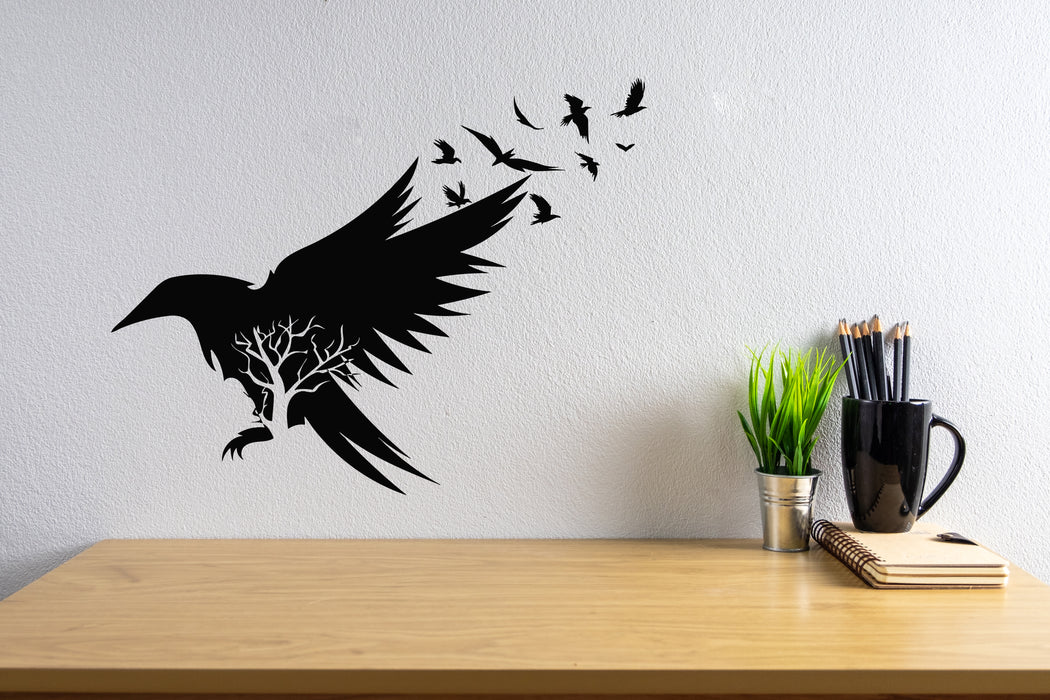 Vinyl Wall Decal Black Raven Silhouette Tree Fly Birds Pattern Stickers Mural (g8357)