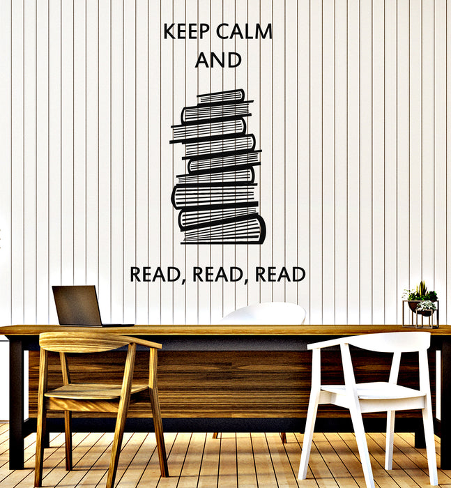 Vinyl Wall Decal Keep Calm And Read Stack of Books LIbrary Stickers Mural (g7698)