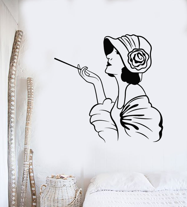 Vinyl Wall Decal Elegant Lady In Hat Party Fashion Store Retro Style Stickers Mural (g3977)