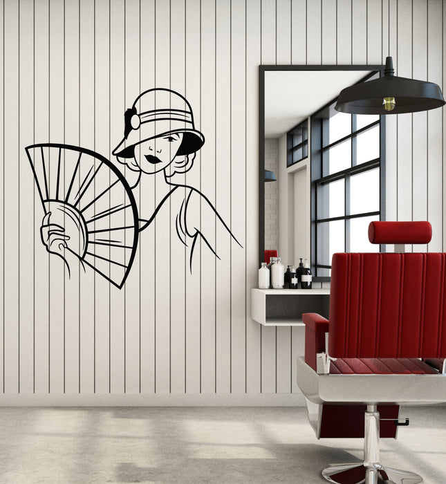 Vinyl Wall Decal Retro Style Beautiful Lady With Fan Fashion Stickers Mural (g3973)